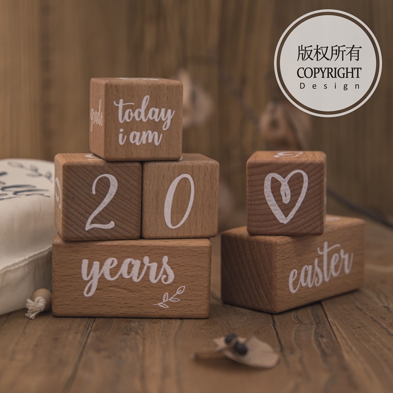 6Pcs/1Set Baby Milestone Beech Block Square Engraved Newborn Birth Month Birthday Milestones Block Photography Tool Accessories